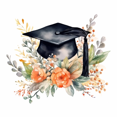 wreath with flowers and graduation cap, clipart, watercolor style