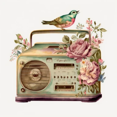 Vintage old radio ( a little floral, bird on radio) watercolor clipart