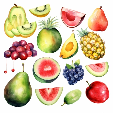 cliparts, watercolor, pieces of cute summer fruits, avocado, pineapple, strawberry, banana, watermelone, coconut, lime, lemon, apple, cherry, berries, grapes