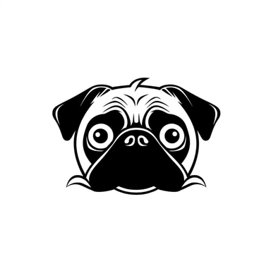 Simple outline of a front - facing crooked head happy Pug dog head peeking with front paws, cute clipart, flat 2d vector, minimalist, black and white, kids cartoon, svg cut file, line art drawing, white isolated background