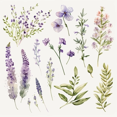 A serene and enchanting assortment of lavender wildflowers depicted in a watercolor clipart style, gracefully arranged on a pristine white background. The delicate brushstrokes capture the essence of each lavender bloom, showcasing their distinctive purple hues and slender stems. The watercolor technique adds a touch of fluidity and softness to the clipart, mimicking the gentle flow of paint on paper. The lavender flowers, painted with delicate layers of translucent purples and greens, emanate a