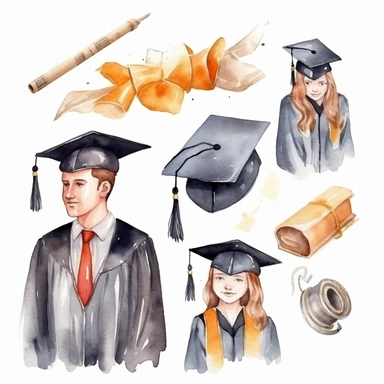 watercolor graduation ceremony related scenes, illustrations clipart set, simple, , cartoon elements ,different variants , separate elements with a margin, ,4k, high resolution