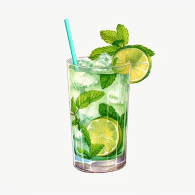 Watercolour realistic mojito cocktail in cocktail glass with cocktail umbrella and straw beautifully detailed realistic mojito cocktail , PNG image,transparent background ,ultra highly detailed, 18k, sharp focus, bright photo with vibrant colours, digitally enhanced,photographic, enhanced graphics, png format, straight, sharp focus, bright lighting, intricate detailed png image ,high definition,300dpi,graphic clipart,computer graphics