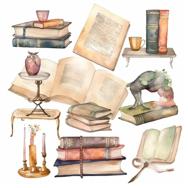 Watercolor vintage books library clipart. PNG on transparent background. Reading, retro vintage clip art set. Back To School clip art.