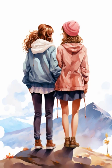 two fullbody women at their backs , best friends, wearing blue pants and jackets, clipart