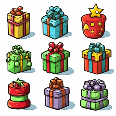christmas gift boxes, objects, vibrant colors, cel shading, game graphics, clean lines, lineart, simple, cute, on white background, vector art, clip art, doodle art, comic art