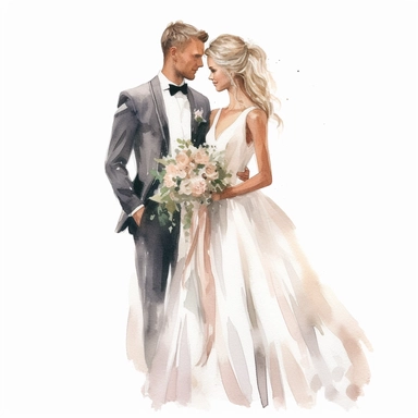 Wedding bride and groom, clipart, white background, in the style of elegant realism, muted and subtle tones, detailed painting, transparency and lightness