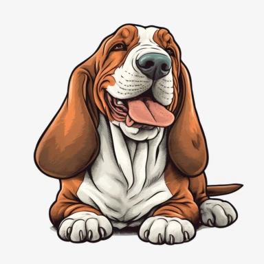 cute Basset Hound, happy and smiling, bold line, clipart, sticker, white background, no shadow, 8k detail