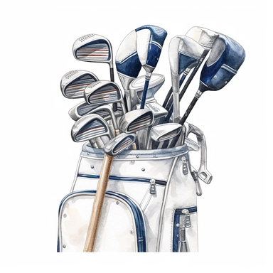 Idyllic watercolor clipart of a white golf bag and 8 TaylorMade golf clubs, isolated on a pure white background, insane detail,