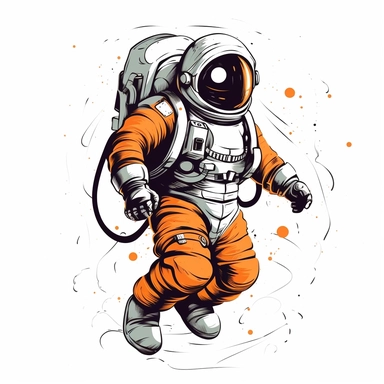 stylized black and white vector graphics, cartoon style doodle of an astronaut isolated on a white background, created by Brian Kesinger, full-size dynamic action pose, monochromatic, flat and minimalist, orange accents, coloring book page, clipart