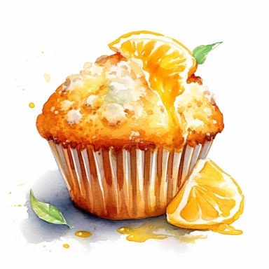 Watercolor clipart very detailed orange muffin. White background