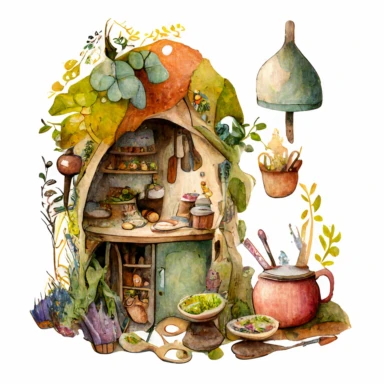 a hyper-detailed illustration watercolor clipart of a whimsical kitchen of a fairy house built out of natural materials by a human,complete kitchen utensil and kitchenware and foods in preparation watercolor illustration, illustration style a combination of Beatrix Potter and Tove Jansson,isolated on white background with margins, cut-out images