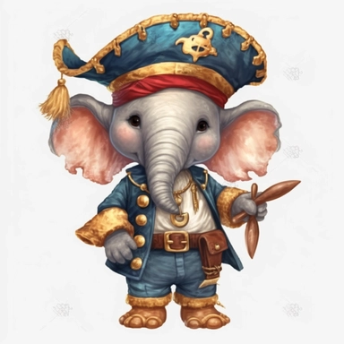 cute elephant in a Pirate Costume, cartoon clipart, isolated white background, 32k