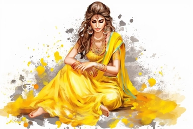 hindu bride during mehndi night in a yellow dress watercolor clipart illustration on a white background