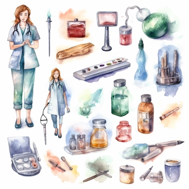 watercolor doctor related scenes , illustrations clipart set, simple, , cartoon elements ,different variants , glucometer, insulin syringe, nurse, doctor, stethtescope, mechanical body weighing scale, tweezers, microscope, ambulance, , separate elements with a margin