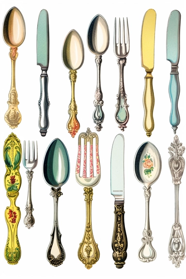 Vintage 1970 Victorian Cutlery Illustration, Chromolithograph, , 1970s Illustration, Vintage, Colorful, Antique, Ephemera, Clipart, 8k, Isolated on white