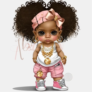 clipart, transparent background, 300dpi, baby diva girl standing, wearing baggy jeans, pink tank top, wearing really high gold high heels , big pearl white necklace, curly hair, bow clip on hair, looking cute and chic, sneakers,