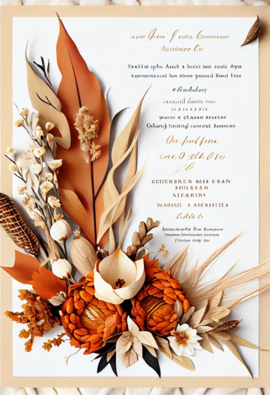 beautiful, intricate, sharp focus, light orange, tan, and brown fall colors, incorporate small thanksgiving pumpkins and corn cob, boho wedding invitation with white fluffy tail flowers,white wintergreen berries, dried grasses, dried leaves, dried flowers, show entire invitation, no border, clipart, on white background, flat lay, extreme detail, wedding invitation,