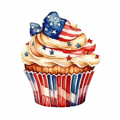 watercolor American flags cupcake, cartoon sticker, clipart, white background, hd, 32k