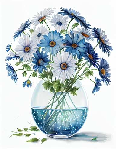 detailed vibrant watercolor bouquet of large blue daisy flower in glass vase with water on white space , isolated on white background, realistic, clipart
