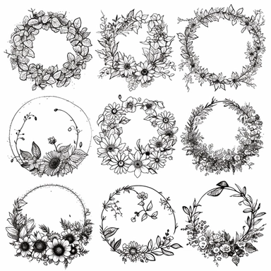 Nine extremely simple and beautiful uncomplicated minimalist design flower garlands clipart in 3 rows, 3 columns, line drawing in a perfect circle, very little detail, mixed drawing so that certain parts of the circle are flowers, straight line, hidden and dotted line, flower details do not enter the circle or enter very little, black focus, high quality, aesthetic style, white background, garlands only,8k