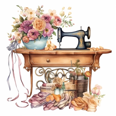 the victorian sewing box clipart, in the style of victorian-inspired hyperrealistic illustrations, historical illustration, childlike illustration, stylish costume design, romantic illustrations, emotive colors, pastel flowers, victorian vintage color palette, cute and dreamy, realistic watercolors, realistic depictions of human form, white background