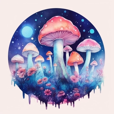 Watercolour Magic Mystical Mushrooms clipart watercolor style , dreamy color, anime style, ghibli , trippy , planet , stars, epic, flowers