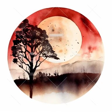 clipart style, watercolor scene of A captivating image showcasing the Lunar Eclipse in its final stages, with the moon emerging from Earth's shadow. The gradual illumination of the moon creates a sense of anticipation and wonder, while silhouettes of rolling hills or a serene lakeside add a touch of serenity to the scene, HD, on white background