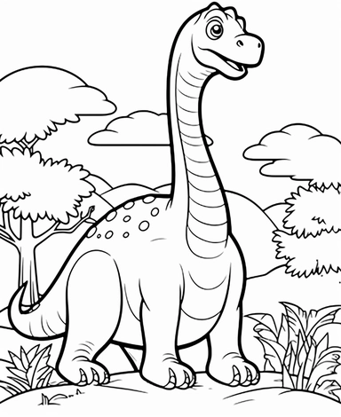 coloring page for 3 year old kids, cute and simple clipart of brachiosaurus, forest background, japanese anime style, friendly expressions and poses, minimalistic aesthetic, simple line art, simple detail, crisp and bold lines, continuous line drawing, black and white only, no shading, no fill, no grayscale, white background, Coloring page style: Printable coloring page