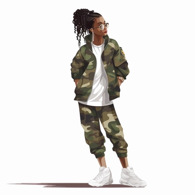 Beautiful African American Girl Fashionable Wearing HipHop Camouflage Outfit With White Tennis Shoes, Gold Hoop Earrings, Symmetrical Full Body Clipart, HD, White Background