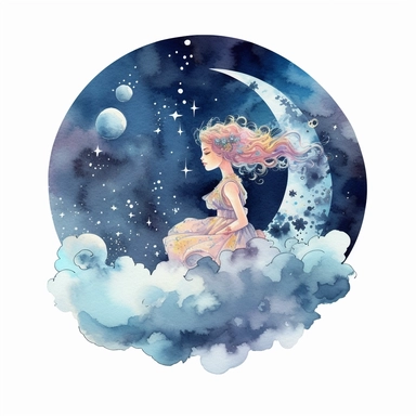 Watercolor Moon with clouds and a fairy Clipart
