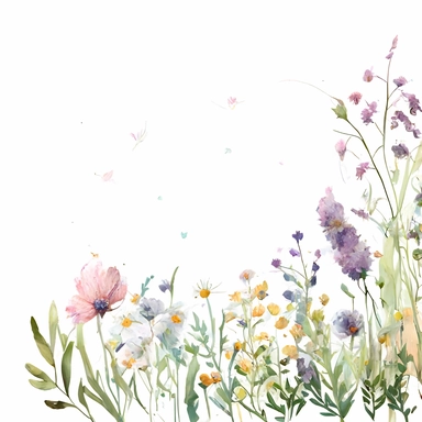 pastel color high resolution many field blossoms and flowers, floral bottom low border, watercolor clipart, white background