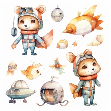 cute kawaii rocket helicopter plane pilot , watercolor white background clipart set single elements with margin