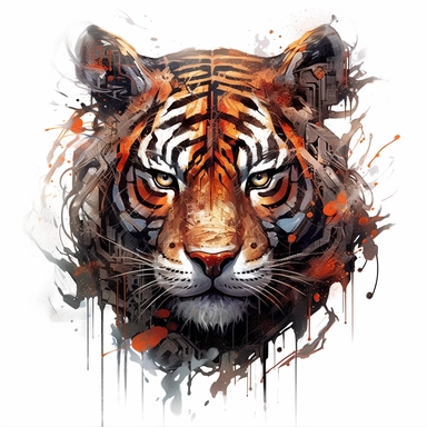clipart, Cinematic Metallic Sci-fi Portrait Art Dark Surrealism a tiger made from tar and flames in the style of realistic color schemes dark orange and red futuristic realism captivating realism , graffiti street style whit intricate lines inked, white background, by yoji shinkawa