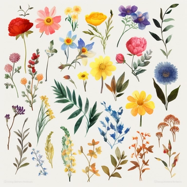 Hand-painted floral clipart set, featuring an array of vibrant wildflowers in watercolor, each flower a unique and enchanting creation, perfect for spring-inspired projects, wedding invitations, or decorative designs, individual blooms showcasing the rich colors and delicate details of each petal and leaf, effortlessly blending together to form a stunning collection of botanical beauty, set against a transparent background for easy layering and composition
