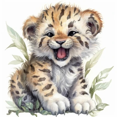 full body of a cute happy smiling baby cub leopard, hello, in the style of jody bergsma, insanely fluffy fur, clipart with white background,32k uhd, hand-painted details, charming character illustrations, amazing colours combo ,aquarellist, hd , how beautiful and cute it is,white background clipart