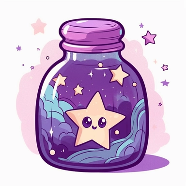 cute kawaii Clipart of a purple celestial universe inside a bottle, clear outlines, white background