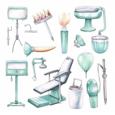 man dentist dental accessories, dentist drills teeth, dental accessories dental chair dental lamp Cute kawaii watercolor white background clipart set single elements with margin