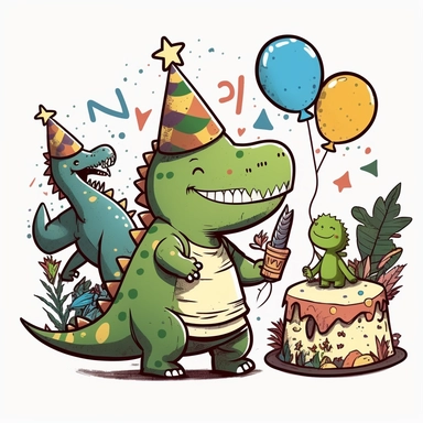 Dinosaur Birthday Boy celebrating with other dinosaur friends, sticker, clipart, happy, friends