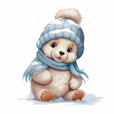basic paper drawing by a kid of a cute baby bear playing with snow, wearing a winter cap. the drawing have color and small detail,clipart, hd, on white background