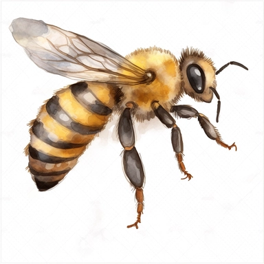 watercolor, Bees: Bees are kept for their honey and are found all over the world, particularly in countries like China, the United States, and Turkey. png Full body realistic cartoon in 32K UHD cute. 15 cm thick outline. Black color. There was no shadow on the ground. 8K with realistic watercolors and detailed illustrations. PNG clipart, transparent white background