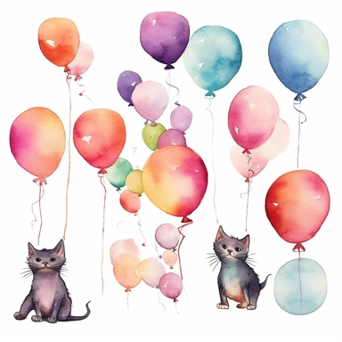 flying cat tied to a balloon clipart, balloons lined up side by side clipart , party balloons clipart, birthday party centerpiece, watercolor clipart