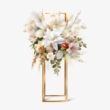 watercolour beautiful realistic white real floral wedding flower spray on gold rectangle tall frame stand realistic elegant wedding floral display stand with white glitter wedding flowers ,clip art graphics , PNG image,transparent background ,ultra highly detailed, 18k, sharp focus, bright photo with vibrant colours, digitally enhanced,photographic, enhanced graphics, png format, straight, sharp focus, bright lighting, intricate detailed png image ,high definition,300dpi,graphic clipart,computer