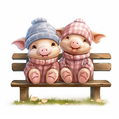 2 cute and fluffy baby pigs sitting on a bench, disney style, clipart on white background, no shading