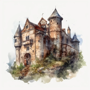 Transform the crumbling beauty of a medieval castle into a mesmerizing watercolor clipart, highlighting its intricate details and weathered charm. In HD on a white background.