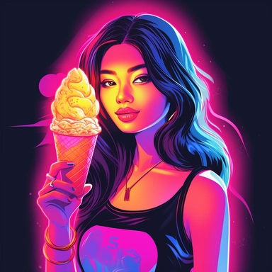Illustrate a clipart image showcasing a beautiful thai woman with radiant eyes that shine brightly eating a glow in the dark, neon, ice cream on a cone. Use a rich and diverse color palette to enhance her appearance, and ensure the image is detailed and crisp. The background should be pure white