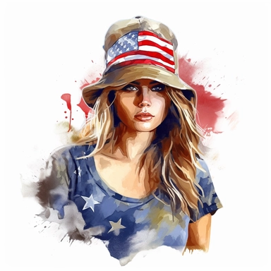 a gorgeous American soldier, her t-shirt and hat represent her flag, vibrant colors, clipart with white background,--v 5