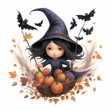 tiny cute baby girl dressed in witch costume with long hair, flying witch on a broom, bats around it, surrounded by mystical flowers and plants, unreal engine, amanda clark illustration, white background, illustration, by amanda clark, clip art