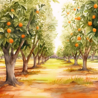Citrus Grove: Create a watercolor clipart of an expansive orange grove, capturing the rows of trees and the play of light and shadow. Incorporate warm earthy tones and a sense of depth to bring the scene to life.