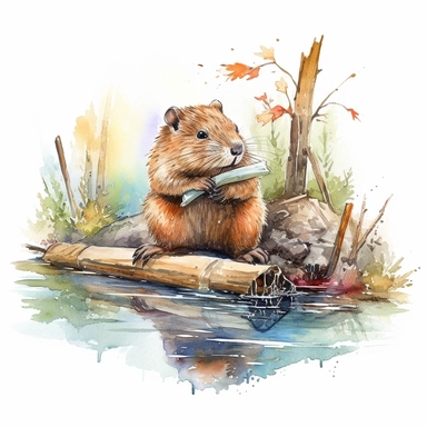 a delightful watercolor clipart image with a white background and vibrant colors, portraying a busy beaver building a dam in a peaceful woodland stream, its industrious nature captured in its determined expression.